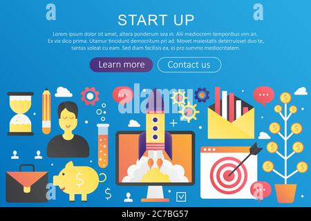 Vektor trendy flache Farbverlauf Startup Business Konzept Vorlage Banner mit Symbolen und Text Stock Vektor