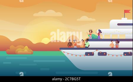 Lächelnde Leute Freunde machen Party auf Yacht Fähre Schiff bei Sonnenuntergang. Ocean Urlaub, Seefahrt und Freundschaft Konzept Vektor Illustration Stock Vektor