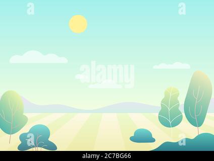 Fantasy einfache Cartoon Sommer Feld mit Baum, moderne Gradienten Natur Vektor Illustration Stock Vektor
