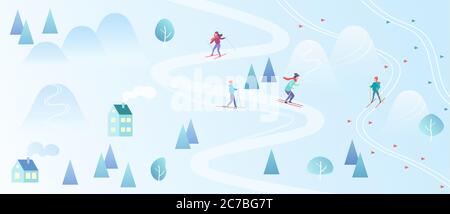 Skigebiet mit Skifahrern. Mountain Ski Karte Stil Hintergrund. Winter Dorf Häuser Resort mit Menschen. Vektor-Gradient Farbe Vektor-Illustration Stock Vektor