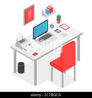 Flaches isometrisches 3D-Arbeitsplatzkonzept mit Laptop auf dem Tisch Vektordarstellung Stock Vektor
