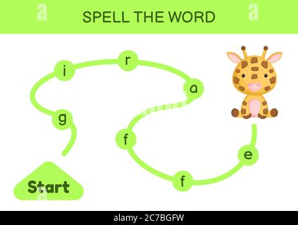 Labyrinth für Kinder. Rechtschreibwortschablone. Lernen Sie Wort Giraffe lesen, druckbare Arbeitsblatt. Aktivitätsseite für die englische Sprache. Stock Vektor