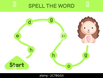 Labyrinth für Kinder. Rechtschreibwortschablone. Lernen Sie, Wort Igel lesen, druckbare Arbeitsblatt. Aktivitätsseite für die englische Sprache. Stock Vektor