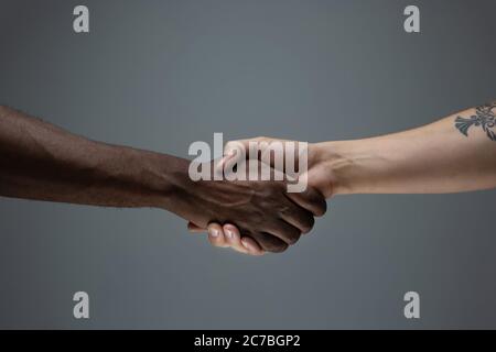 Zweisamkeit. Rassistische Toleranz. Respektieren Sie die soziale Einheit. Afrikanische und kaukasische Hände gestikulieren auf grauem Studiohintergrund. Menschenrechte, Freundschaft, Konzept der Einheit der Intenationalen. Interrassische Einheit. Stockfoto