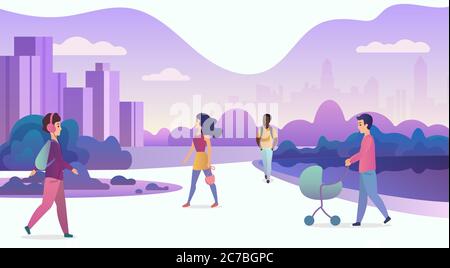 Menschen leben in der modernen Öko-Stadt. Menschen zu Fuß in modernen Park mit Wolkenkratzern im Hintergrund. Trendy Cartoon Farbverlauf Vektor Illustration Stock Vektor