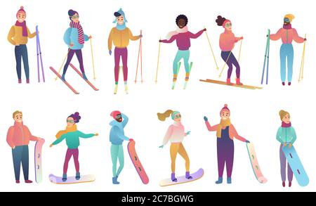 Gruppe von niedlichen Cartoon Skifahrer und Snowboarder in trendigen Gradienten Farben Vektor-Illustration Stock Vektor