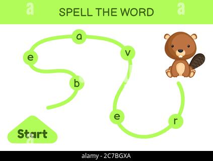 Labyrinth für Kinder. Rechtschreibwortschablone. Lernen Sie, Wort Biber lesen, druckbare Arbeitsblatt. Aktivitätsseite für die englische Sprache. Stock Vektor