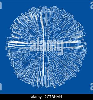 Abstrakte 3d-Kugel mit Stadt, Blaupause Stil Stockfoto