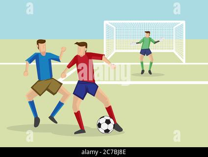 Fußballspieler Dribbbling Fußball mit Verteidiger markieren und Bewachen eng. Cartoon Vektor Illustration für Verein Fußball Sport. Stock Vektor