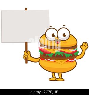 Cartoon Hamburger Charakter mit einem leeren Zeichen. Stockfoto