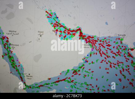Karte der Seewege im Nahen Osten mit der Internetseite von Pilotes Maritimes Stockfoto