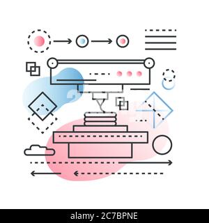 3D-Druck, Scannen Modellierung Prozess Vektor-Konzept in trendigen Linie mit Verlauf flach Farbstil Stock Vektor