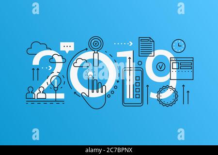Innovation 2019 Wort trendy Komposition Konzept Banner. Skizzieren Sie die Schlaganfalllösung, die große Idee, Brainstorming und Analyse. Flache Linie Symbole Schrift Typografie Stock Vektor