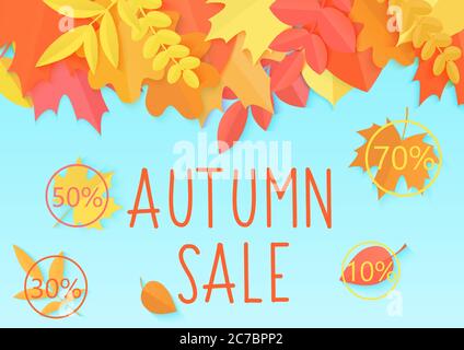 Herbst Verkauf Flyer Vorlage Vektor-Banner mit Papier Stil helle Farbe Herbstblätter und Schriftzug Stock Vektor