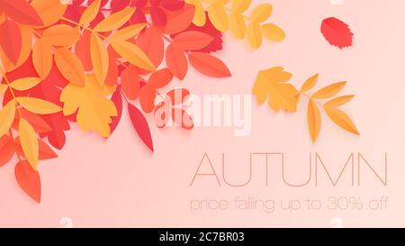 Trendige Herbst-Sale-Banner mit Papier-Stil helle Farbe Herbstblätter für Poster-Design, Flyer und Label Stock Vektor