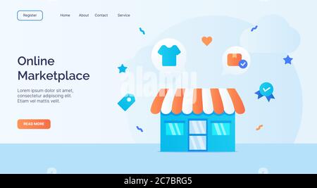 Online-Marktplatz Außenfassade Store Symbol Kampagne für Web-Website Home Homepage Landung Vorlage Banner mit Cartoon flachen Stil. Stock Vektor