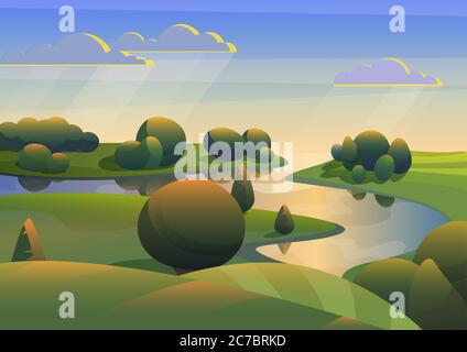 Ein fließender Fluss mit grünen Wiesen Hügel Landschaft Vektor-Illustration Stock Vektor