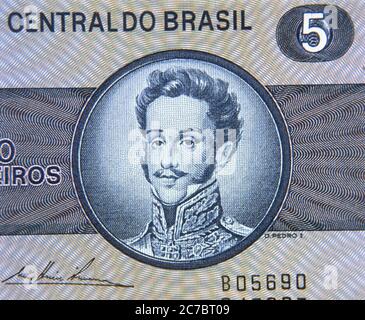 RETRATO DE PEDRO I DE BRASIL Y IV DE PORTUGAL 1798-1834 EN UN BILLETE DE 5 CRUZEIROS BRASILEÑOS. PEDRO IV VON PORTUGAL. PEDRO I DE BRASIL Y IV PORTUGAL. BRAGANZA PEDRO. Stockfoto