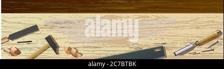 Handwerk Tisch, Tischlerei Werkbank für die Werkstatt. Blick von oben. Vektorgrafik. Ein Schreibtisch für einen Handwerker, einen Zimmermann, der mit Holz arbeitet. Stock Vektor