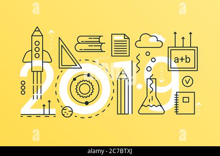 Zurück zur Schule 2019 Wort trendy Komposition Konzept Banner. Skizzieren Schlaganfall Schule, Hochschule, Wissen, Online-Lernen und Abschluss. Flache Linie Symbole Schrift Typografie Stock Vektor