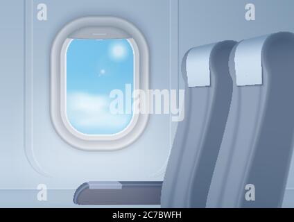 Flugzeuginnenraum mit realistischem glatten Fenster und Sitze Vektordarstellung Stock Vektor