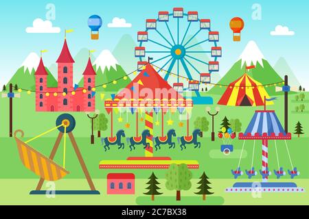Vergnügungspark mit Karussells, Achterbahn und Luftballons. Comic Zirkus, Spaß fair. Cartoon Karneval Thema Landschaft Vektor Illustration Stock Vektor