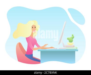 Ziemlich junge blonde Frau am Schreibtisch arbeitet am Computer. Vektor-Illustration im trendigen Gradienten-Flat-Stil Stock Vektor