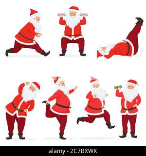 Vector lustig und niedlich Weihnachtsmann-Set macht Gym-Übungen mit Hanteln und Langhantel isoliert. Sport Fitness santa Stock Vektor