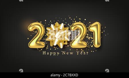 Happy New Year Hintergrund mit realistischer Goldbeschriftung 2021 und goldener Schleife auf schwarzem horizontalen Hintergrund Stock Vektor