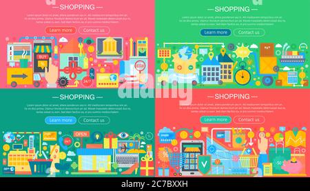 Online Shopping und E-Commerce Konzepte Sammlung. Online E-Commerce Infografiken Vorlage Design, Web-Header Shopping Icons Elemente Vektor Illustration Stock Vektor