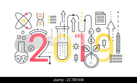 Science 2019 Wort trendige Komposition Konzept Banner. Umriss Schlaganfall-Technologie, Technik, Physik, moderne Bildung. Flache Linie Symbole Schrift Typografie auf weißem Hintergrund Stock Vektor
