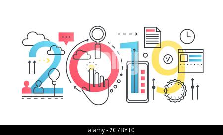 Innovation 2019 Wort trendy Komposition Konzept Banner. Skizzieren Sie die Geschäftsfinanzierung und technologische Innovationen. Flache Linie Symbole Schrift Typografie auf weißem Hintergrund Stock Vektor