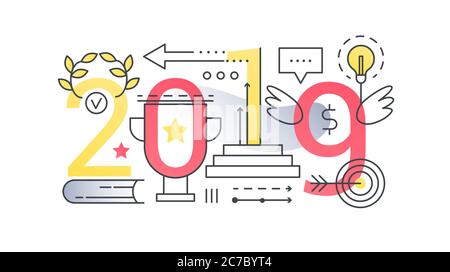 Erfolg 2019 Wort trendy Komposition Konzept Banner. Skizzieren Schlaganfall Sport, Geschäftserfolg, Finanz-und Consulting. Flache Linie Symbole Schrift Typografie auf weißem Hintergrund Stock Vektor