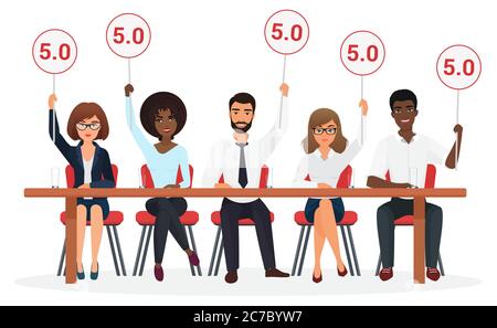 Gruppe von jungen professionellen Wettbewerb Richter. Menschen Jury Holding Zeichen Tabletten mit Schätzungen Stock Vektor