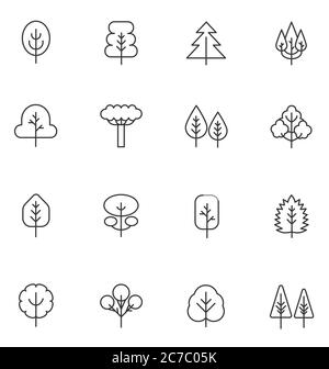 Vektorsymbole für dünne Linien im Baum festgelegt. Vector Sammlung von Kontur Schlaganfall Pflanzen und Bäume Stock Vektor
