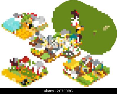 Vector 3d isometrische ländliche Bauernhöfe mit Traktor, Mähdrescher, Haus, Felder Windmühle und Lagerhallen Stock Vektor