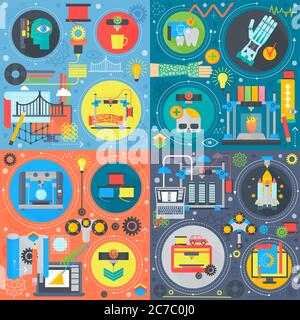 Design des volumetrischen Druckkonzepts mit Details der Drucktechnologie. 3d-Modellierung Industrie Vektor Illustrationen Set Stock Vektor