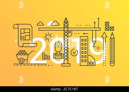Bau und Konstruktion 2019 Wort trendy Komposition Konzept Banner. Kontur Kontur Architektur Planung Symbole Schrift Typografie Stock Vektor