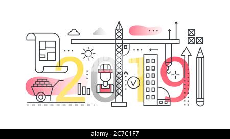 Baukonstruktion, Ingenieurwesen, Architektur, modernes Stadtdesign, Stadt- und öffentlicher Raumentwicklungskonzept. Kreatives Infografik-Banner mit Elementen im Thin-Line-Stil. Vektorgrafik Stock Vektor