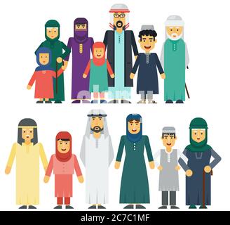 Muslimische Menschen Vater, Mutter, Großmutter, Großvater, Sohn und Tochter stehen zusammen. Traditionelle islamische muslimische Familie Vektor-Illustration Stock Vektor