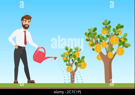 Happy stilvolle Geschäftsmann Bewässerung ein Geld Baum Cartoon Vektor Illustration Stock Vektor