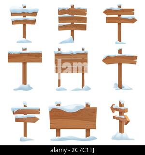 Cartoon hölzerne Winter Zeichen mit Schneekappen Set Vektor-Illustration Stock Vektor