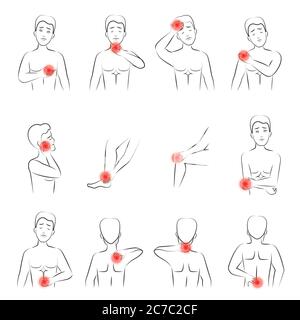 Skizzieren Vektor-Illustration des Menschen Schmerz Set. Line Mann Gefühl Schmerzen in verschiedenen Körperteilen Stock Vektor