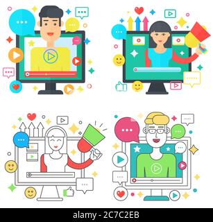 Online Video Blog Design quadratische Konzepte mit männlichen und weiblichen Blogger Vektor Illustration gesetzt Stock Vektor