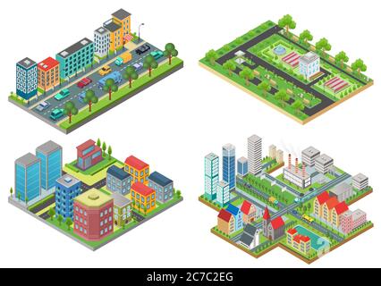 Set von isolierten 3d Isometrischen realistischen Cartoon Stadt Karten Draufsicht Vektor Iullustration Stock Vektor