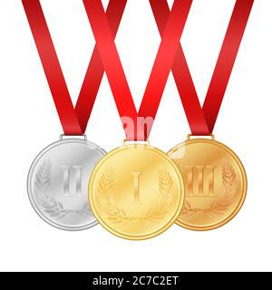 Goldmedaille. Silbermedaille. Bronzemedaille. Medaillen auf dem weißen Hintergrund Vektor-Illustration isoliert gesetzt Stock Vektor