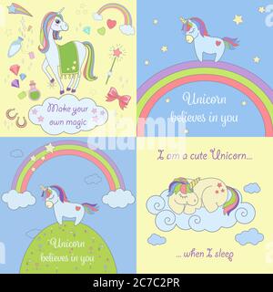 Set von schönen Einhörnern Illustrationen mit Wolken, Regenbogen, Sterne, magische Werkzeuge Stock Vektor