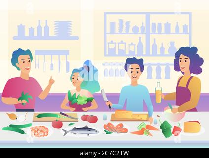 Cartoon glücklich Familie Kochen. Mutter und Vater Eltern mit Kindern Kinder kochen Lebensmittel in Küche Cartoon Gradienten Vektor Illustration Stock Vektor