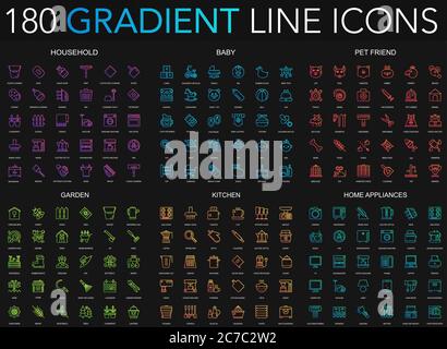 180 trendy Gradient Stil dünne Linie Symbole Set von Haushalt, Baby, Haustier Freund, Garten, Küche, Haushaltsgeräte isoliert auf schwarzem Hintergrund Stock Vektor