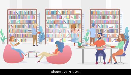 Junge Leute sitzen auf dem bequemen Sofa und am Tisch mit Sesseln, die studieren und lesen. Öffentliche Bibliothek Konzept Gradient flache Vektor-Illustration Stock Vektor